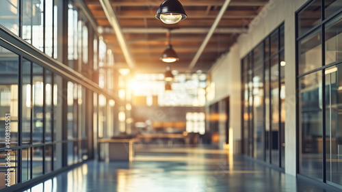 Sunlit hallway of a modern industrial office with glass walls