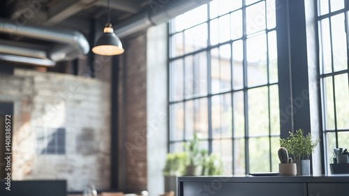 Blurred bright office with large industrial windows and indoor plants
