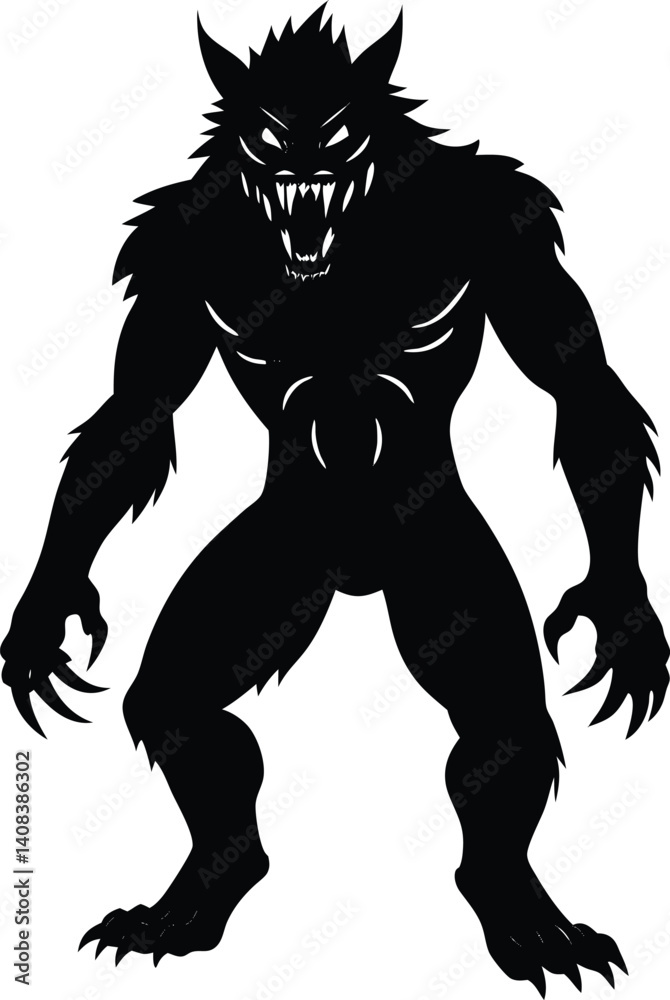 Fototapeta premium Silhouette of a Werewolf in a Fearsome Stance Displaying Sharp Teeth and Claws