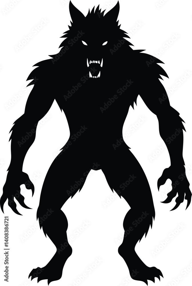 Fototapeta premium Silhouette of a Werewolf in a Fearsome Stance Displaying Sharp Teeth and Claws