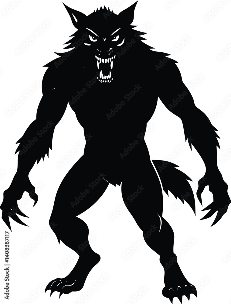 Fototapeta premium Silhouette of a Werewolf in a Fearsome Stance Displaying Sharp Teeth and Claws
