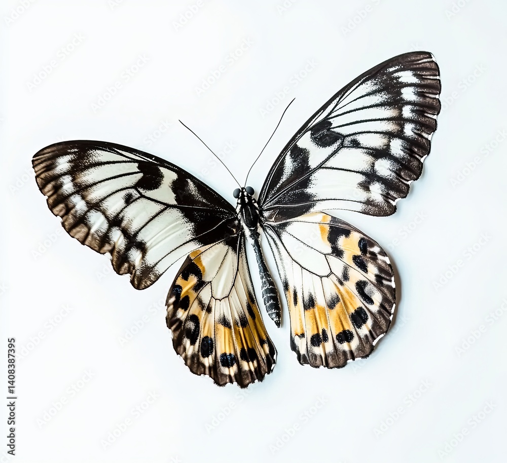 Fototapeta premium Beautiful butterfly with black and white patterned wings, in a flying pose, on an isolated background. Detailed photograph.