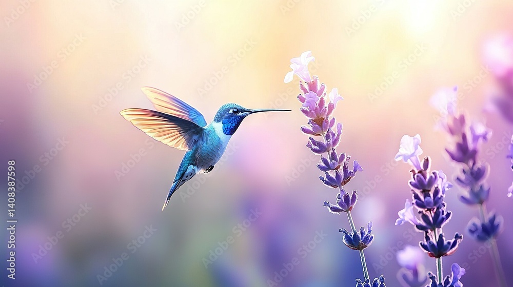 Naklejka premium Hummingbird flying in field of purple and white flowers against a pink and yellow backdrop