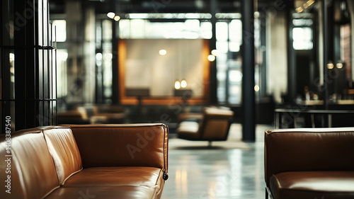 Contemporary office lounge with leather sofas in blurred focus