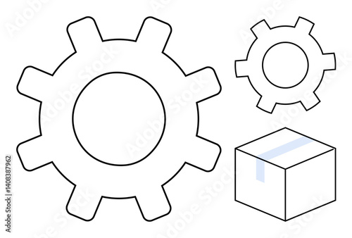 Two gears of different sizes and a taped box symbolizing teamwork, process optimization, efficiency, production, logistics, manufacturing, and automation. Ideal for business concepts or a simple