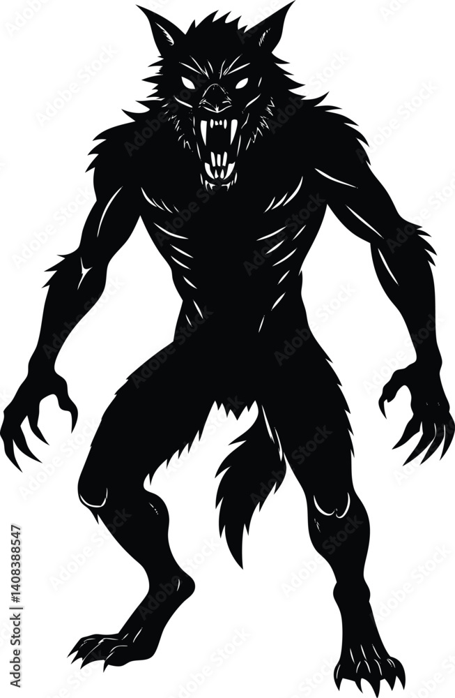 Fototapeta premium Silhouette of a Werewolf in a Fearsome Stance Displaying Sharp Teeth and Claws