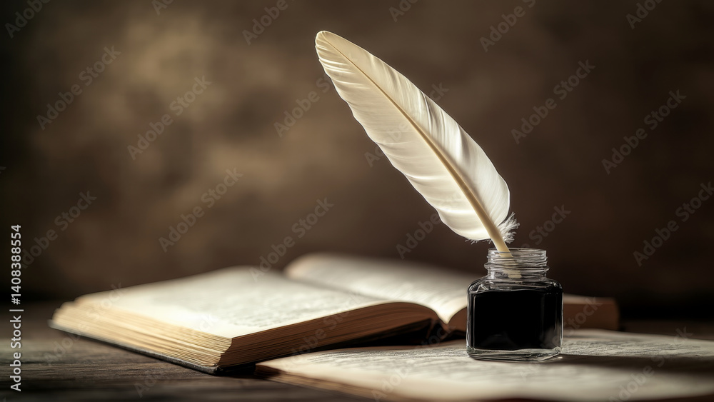 Feather quill in an inkwell next to an open book. Vintage writing tools and literature.