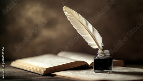 Obraz na płótnie Feather quill in an inkwell next to an open book. Vintage writing tools and literature. w salonie