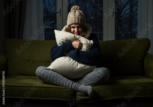 Woman at home embraces a pillow, bundled up against the cold in a cozy, winter setting.