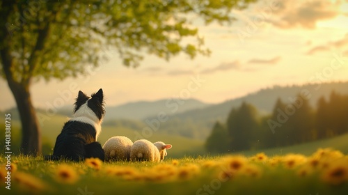   A dog rests amidst a flock of sheep beside a towering tree against a backdrop of majestic mountains
