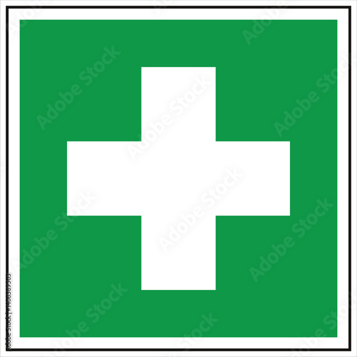 Green first aid cross symbol indicating location of medical assistance and emergency treatment