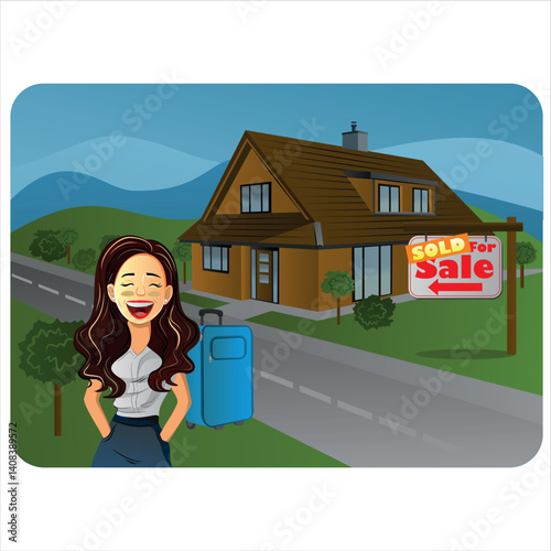 Businesswoman smiling and leaving her sold house with her luggage, ready to move to a new home
