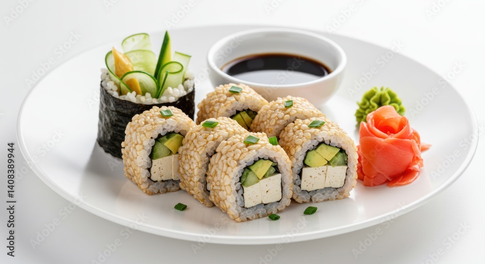 Sushi rolls with tofu avocado cucumber and sesame seeds on a white plate. Sushi rolls with tofu avocado cucumber and sesame seeds on a white plate.