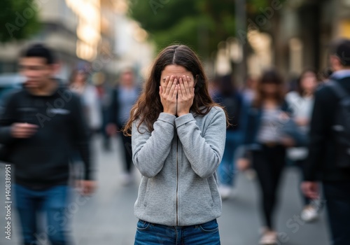 A concerned young woman hides her face in a bustling street, possibly feeling anxious or stressed. photo