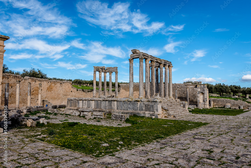Ruins of Roman temples in Dougga, Tunisia