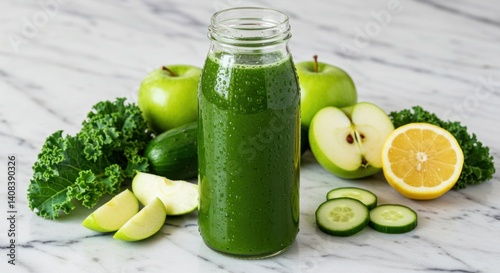 Wallpaper Mural Green smoothie in glass bottle with apples lemon cucumber and kale. Torontodigital.ca