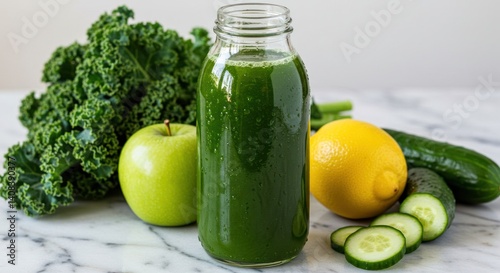 Wallpaper Mural Green juice in glass bottle with kale apple lemon and cucumber. Torontodigital.ca