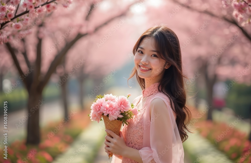 Obraz premium Young woman smiles in garden holding flowers in waffle cone. Happy Asian girl enjoys blooming flowers, trees. Portrait of beautiful female model in park during springtime.
