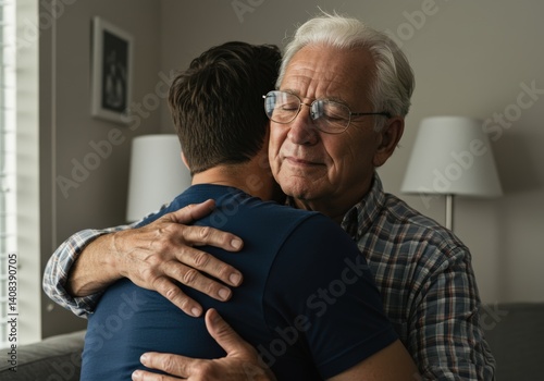 An older man embraces his son, sharing a moment of love and familial closeness together.