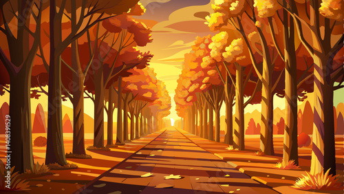 Sunset light glows warmly on a path lined with tall, golden poplars