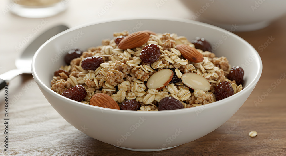 Bowl Of Nutritious Muesli With Almonds And Raisins For A Healthy Breakfast Bowl Of Nutritious Muesli With Almonds And Raisins For A Healthy Breakfast