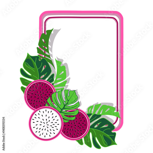 Tropical frame with dragon fruit slices and monstera leaves vector illustration 
