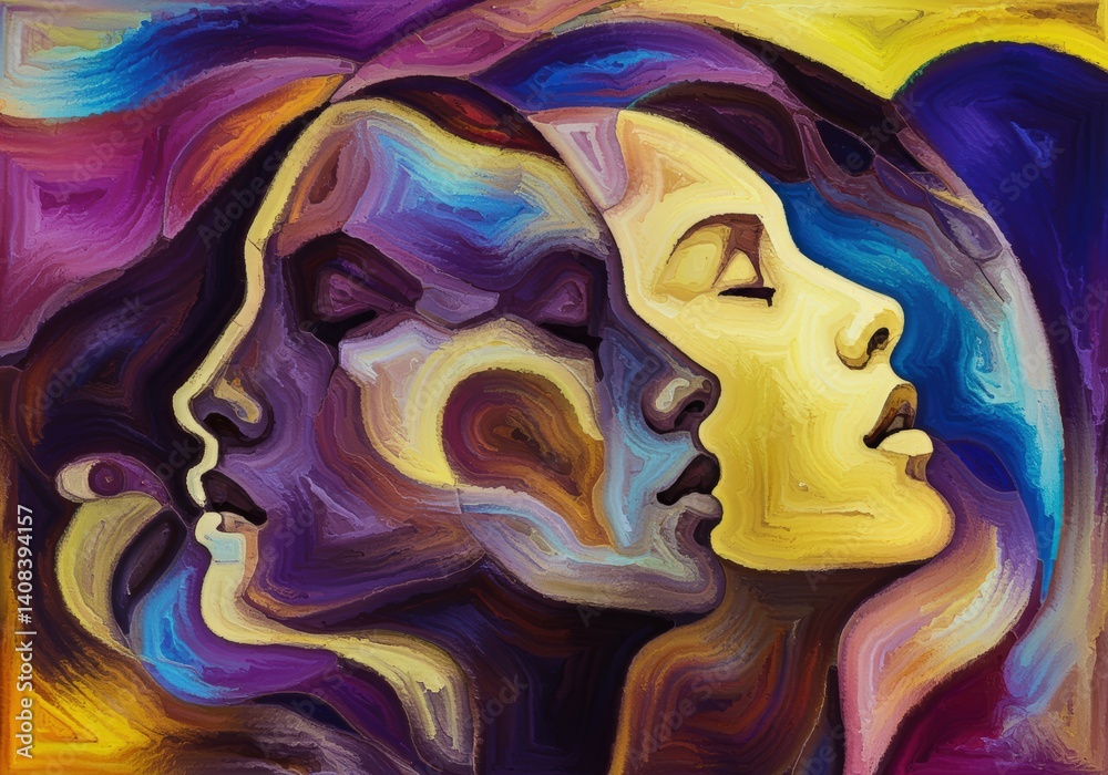 Fototapeta premium A vibrant, abstract artwork of three faces merged together with rich colors.