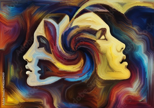 An abstract painting depicting two faces merged and enveloped by a colorful swirl of energy.
