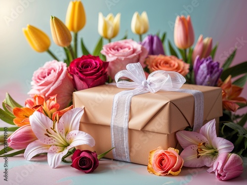 A beautifully wrapped gift with a delicate pink ribbon, surrounded by vibrant and fresh flowers.