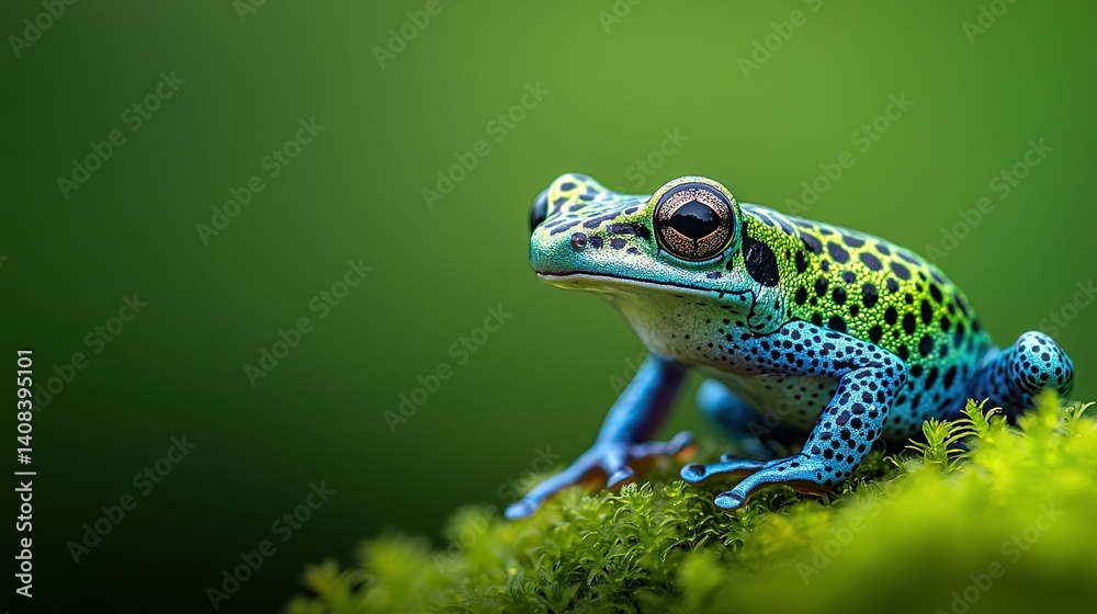 Obraz premium Blue & Green Frog on Mossy Plant with Black Spot