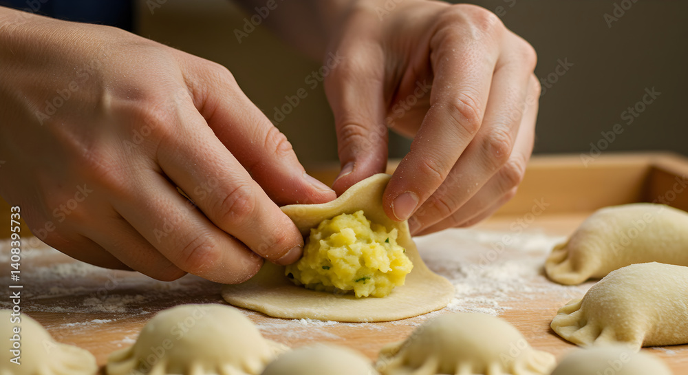 Hands Making Traditional Pierogi Filled With Potato On Wooden Board Hands Making Traditional Pierogi Filled With Potato On Wooden Board