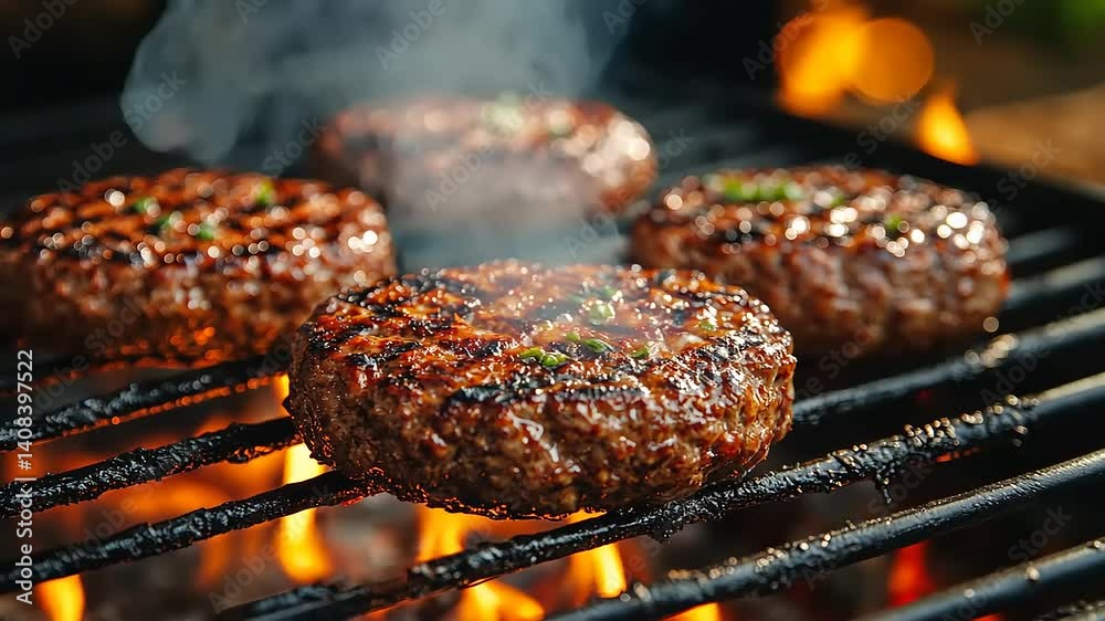 Grilling Juicy Burgers Over Open Flames with Smoke and Glowing Embers in the Background Grilling Juicy Burgers Over Open Flames with Smoke and Glowing Embers in the Background