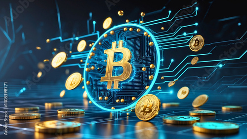 A futuristic and abstract illustration of blockchain cryptocurrency digital money, set against a dark blue background with neon-lit circuitry patterns and subtle grid lines