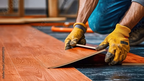Professional handyman installing new laminate floor in a house