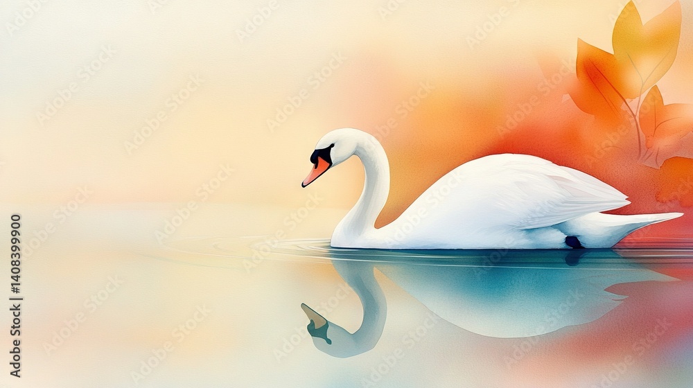 Fototapeta premium A white swan gracefully glides atop a tranquil pond beside an orchard of vibrant red and orange foliage