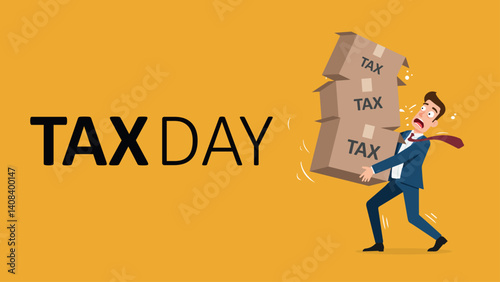 Tax day concept with businessman struggling to carry boxes that are wobbling and falling. Vector illustration showing April 15 deadline stress with vibrant colors. Business humor banner for financial 