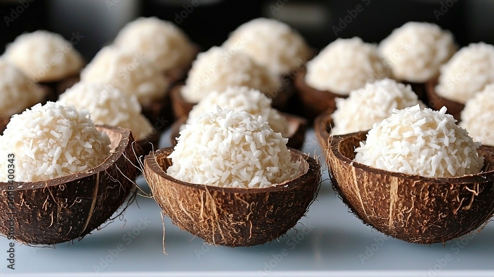 A close-up of a tray of halved coconuts A close-up of a tray of halved coconuts