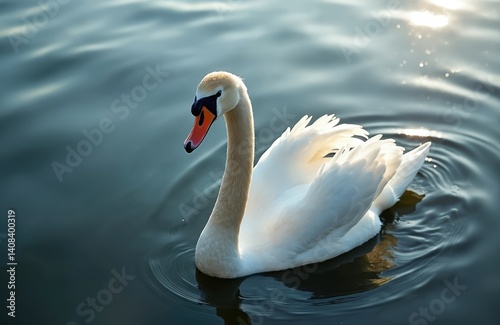 White swan floats tranquil water. Mute swan bird with bright white feathers, elegant neck. Blue water reflection, sunny day. Symbol of purity beauty elegance.