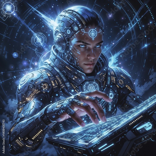 A holographic image of a futuristic robot, with glowing eyes an