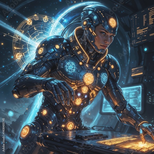 A holographic image of a futuristic robot, with glowing eyes an