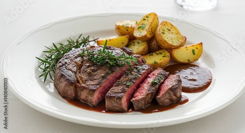 Wallpaper Mural Sliced steak with potatoes and rosemary on a white plate food photography. Torontodigital.ca