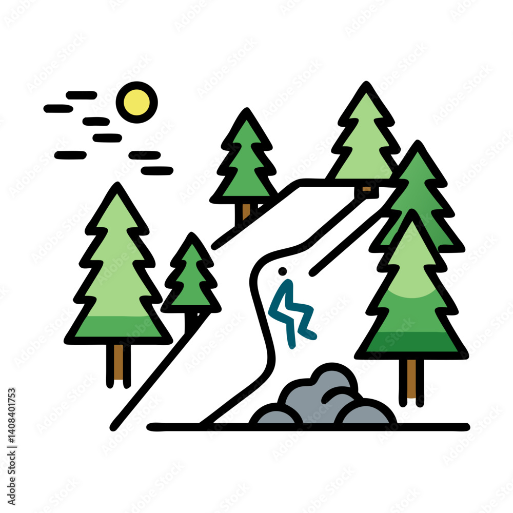 Fototapeta premium Hiking trail with a hiker and trees in a vibrant landscape 