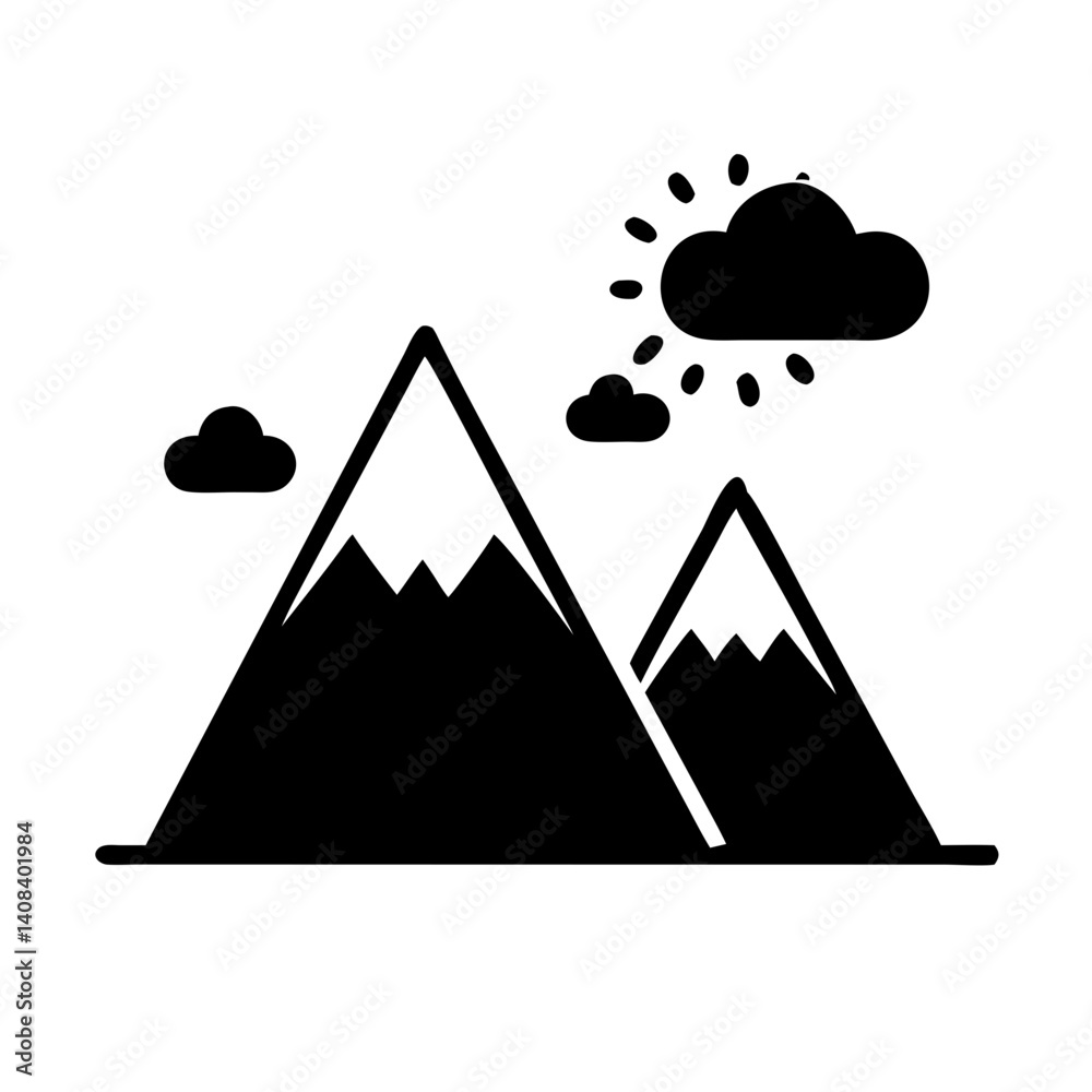 Black Mountain Icon with Sun and Clouds Black Mountain Icon with Sun and Clouds