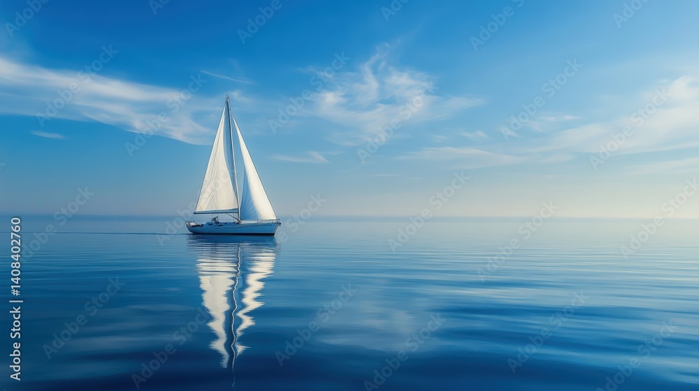 Obraz premium A serene sailboat glides across a tranquil blue sea under a vast, light-filled sky.