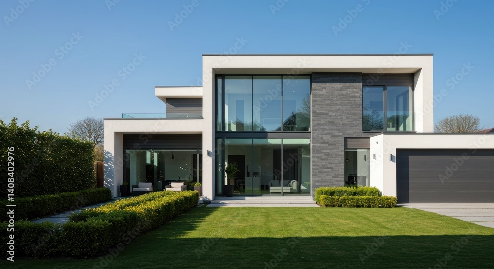 Modern house with a green lawn and manicured hedges under a blue sky. Modern house with a green lawn and manicured hedges under a blue sky.