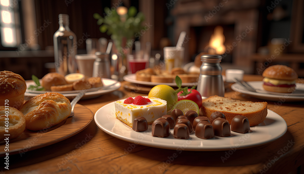 A rustic yet elegant setting with layered textures of food, warmth, and welcoming vibes A rustic yet elegant setting with layered textures of food, warmth, and welcoming vibes