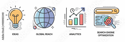 Digital marketing icons with keywords in flat style on transparent background