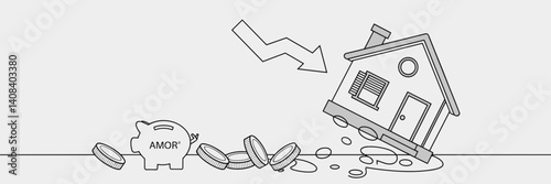 Line art depiction of sinking house symbolizing real estate slowdown – Perfect for real estate market analysis, financial downturn articles, or mortgage crisis content.