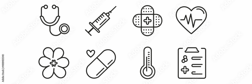 Minimalist monochrome medical icon set in line style Minimalist monochrome medical icon set in line style
