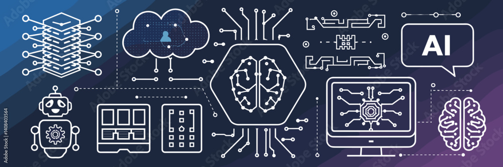Modern vector design with AI and machine learning icons including neural network, big data cloud, robot, and brain – Ideal for tech companies, AI education, or machine learning content. Modern vector design with AI and machine learning icons including neural network, big data cloud, robot, and brain – Ideal for tech companies, AI education, or machine learning content.